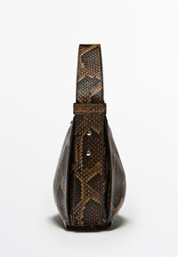 Brown and black snake-patterned handbag with a textured finish, featuring a structured shape and a wide strap for carrying.