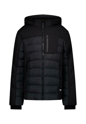Black padded jacket with hood, full front zipper, zippered chest pocket, and two side pockets, designed for cold weather.