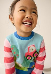 Blue, knitted sweater with pink striped sleeves; features an embroidered red tractor and animal designs, highlighting colorful textures and details.