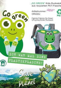 Grüner Kinder-Rucksack aus recycelten PET-Flaschen, mit einem Cartoon-Dinosaurier-Design mit großen Augen, Reißverschlussfächern und verstellbaren Gurten.