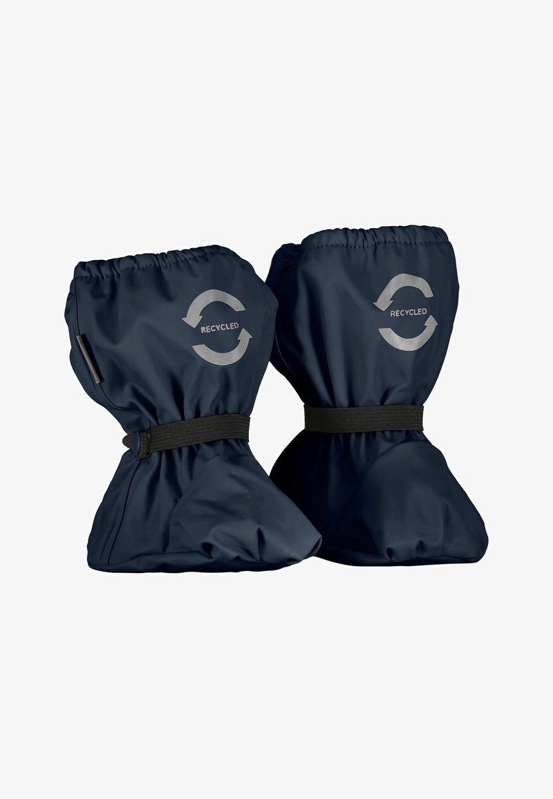 Gaiters impermeables de color azul marino, hechos de material reciclado, con parte superior elástica y correas negras ajustables, y un logotipo circular reciclado.