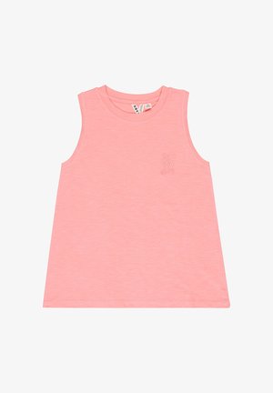 Débardeur en coton rose clair sans manches avec un col rond et un subtil motif brodé de palmier sur le côté gauche de la poitrine.