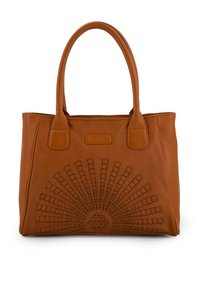 Sac en cuir marron avec un motif en éclat de soleil texturé à l'avant, doté de deux poignées robustes et d'une finition soignée.