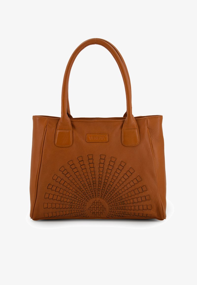 Brown leather tote bag with a textured sunburst pattern on the front, featuring two sturdy handles and a clean finish.