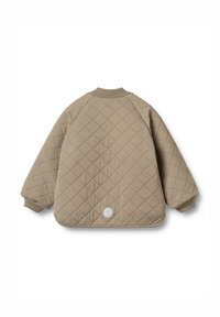 Beige gesteppte Jacke mit Rautenmuster, geripptem Kragen und elastischen Bündchen. Mit einem kreisförmigen Logo am unteren Rücken.