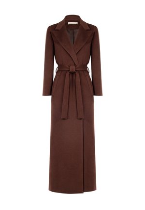 Long dark brown women's coat with lapel collar, long sleeves, side pockets, and a tied belt at the waist, displayed on white background.