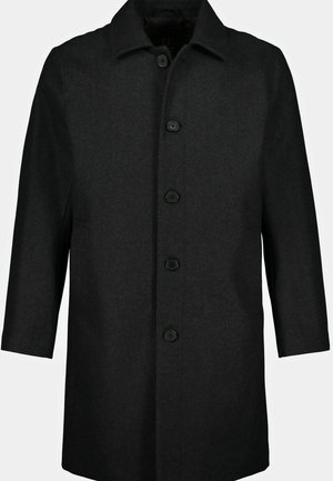 Abrigo de lana negro con corte recto, cuello con muescas y seis botones frontales. Presenta dos bolsillos laterales y una textura suave.