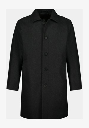 Black wool coat with a straight cut, notched collar, and six front buttons. Features two side pockets and a soft texture.