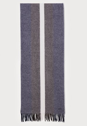 Écharpe en laine à rayures verticales dans les tons de bleu, gris et blanc, avec des extrémités à franges.