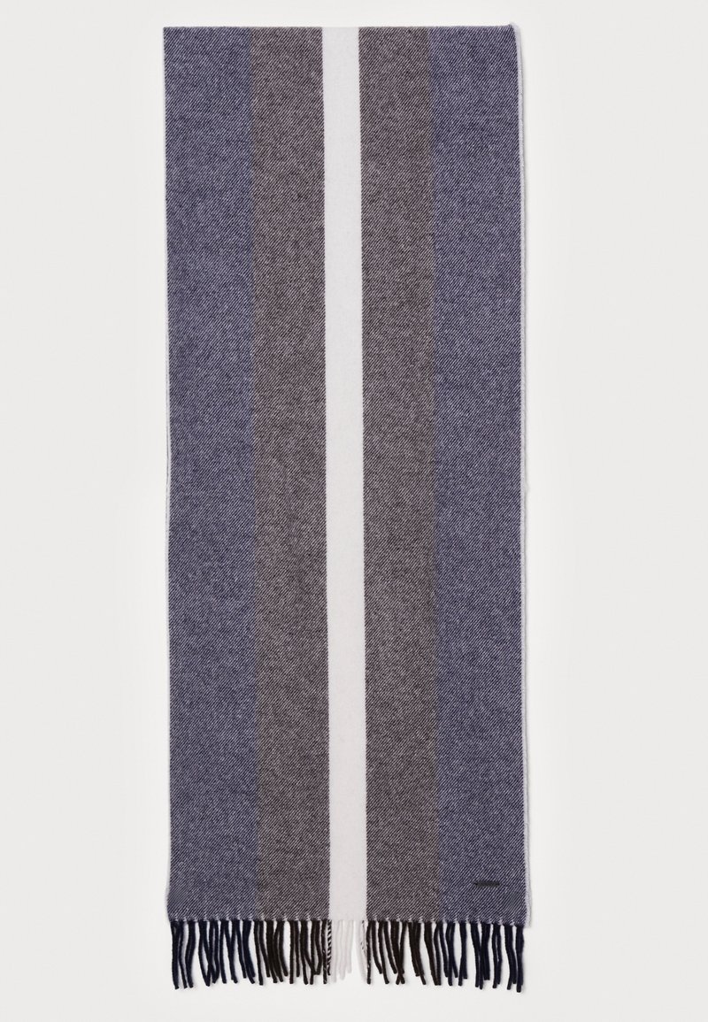 Écharpe en laine à rayures verticales dans les tons de bleu, gris et blanc, avec des extrémités à franges.