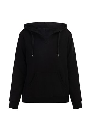Černá mikina s kapucí, V-výstřihem, dlouhými rukávy, přední kapsou typu klokanka, nastavitelnými šňůrkami a žebrovanými manžetami a lemem.
