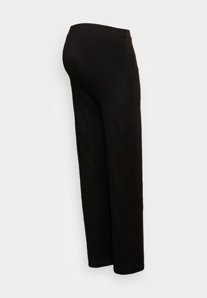 Crne hlače širokih nogavica od mekog materijala, s uskim strukom i suptilnom teksturom. Dizajn je jednostavan bez vidljivih uzoraka ili akcenta.