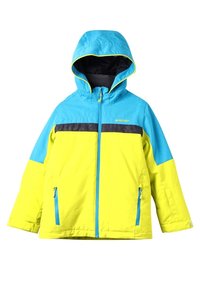 Ljusgul vattentät jacka med blå och svarta detaljer, som har en huva, framdragkedja, två sidofickor och en ventilerande design.