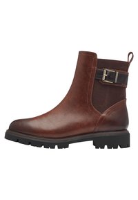 Bottine en cuir marron avec panneau latéral élastique, accent de boucle et semelle en caoutchouc rugueuse avec des phalanges profondes pour une meilleure adhérence.