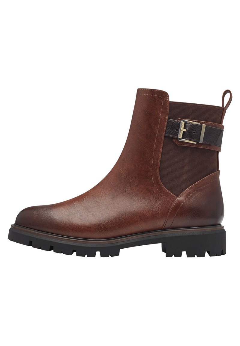 Bottine en cuir marron avec panneau latéral élastique, accent de boucle et semelle en caoutchouc rugueuse avec des phalanges profondes pour une meilleure adhérence.