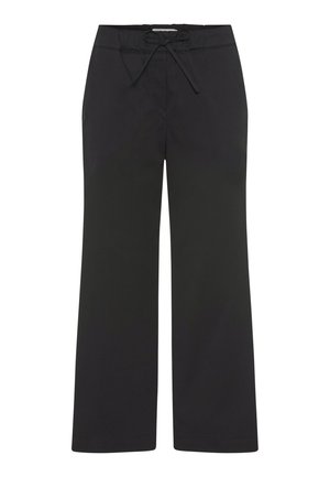 Schwarze Hose mit weitem Bein, elastischem Bund und vorderem Kordelzug, aus glattem Stoff, vor weißem Hintergrund präsentiert.