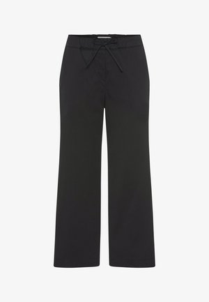 Schwarze Hose mit weitem Bein, elastischem Bund und vorderem Kordelzug, aus glattem Stoff, vor weißem Hintergrund präsentiert.