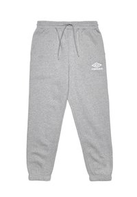 Pantalons de survêtement gris en tissu doux avec une taille élastique, un cordon de serrage et des poignets côtelés ; arbore un logo Umbro blanc sur le côté.