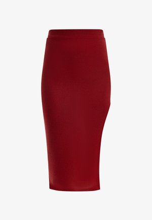 Roter Bleistiftrock aus glattem Stoff, mit hohem Bund und einer figurbetonten Silhouette, die bis zum Knie reicht.