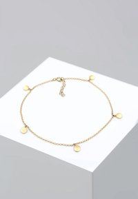 Halskette aus goldfarbenem Metall mit einem Kettendesign, das fünf gleichmäßig verteilte runde Anhänger entlang der Länge und einen Verschluss hat.