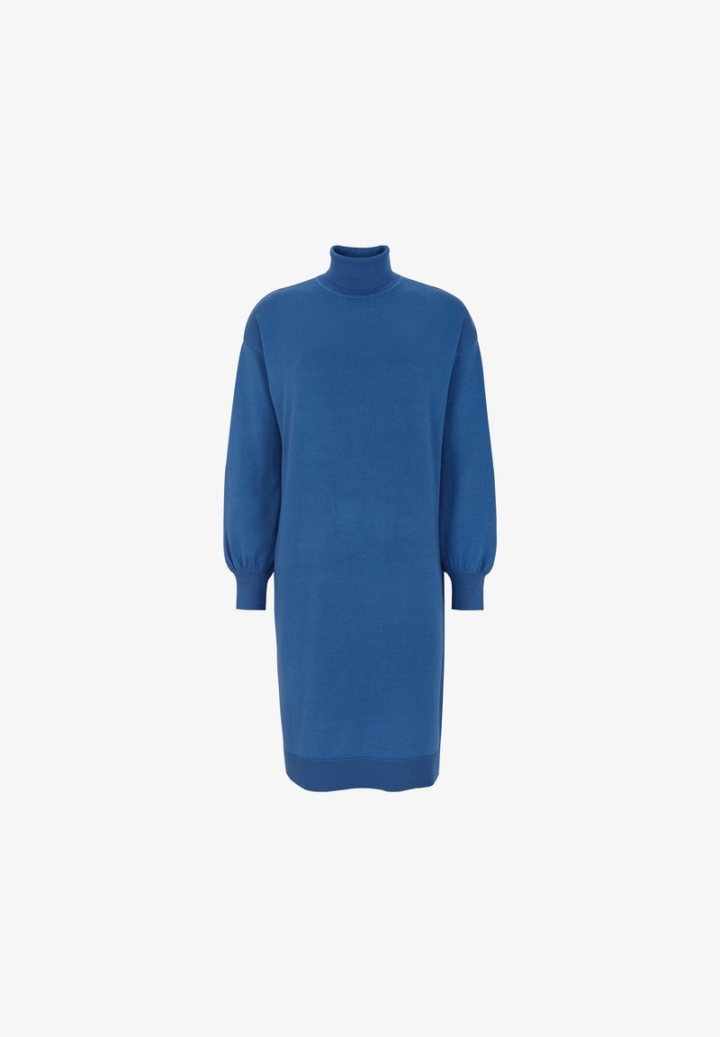 Robe en maille bleu à manches longues avec col roulé et poignets et ourlet côtelés, présentée sur un fond blanc.