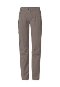 Pantaloni in poliestere grigio leggeri con zip, multiple tasche e design a gamba dritta. Texture liscia, materiale durevole.