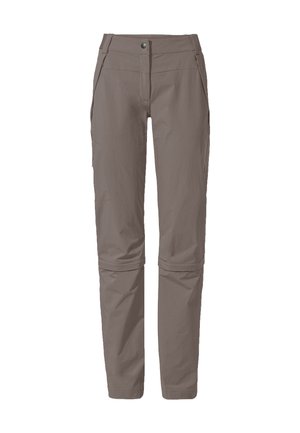 Pantalons en polyester gris légers avec fermeture éclair, plusieurs poches et une coupe droite. Texture lisse, matériau durable.