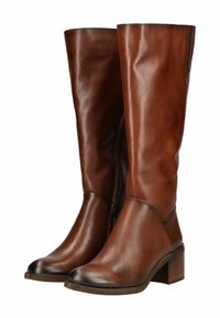 Brune læderknæstøvler med en glat overflade, rund tå og blokhæl, der har en sidelukning med lynlås og minimal syning.