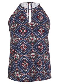 Mörkblå halterneck-top med ett geometriskt blommönster i röd, grön och kräm. Har en nyckelhålsutskärning och en mjuk tygstruktur.