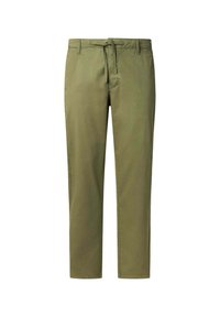 Pantalons en coton vert olive à coupe droite, avec poches avant et fermeture à cordon. Texture lisse et ourlets à revers.