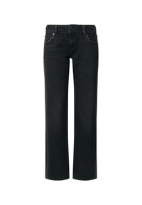 Černé džíny z denimu se rovnými nohavicemi, ozdobené dekorativním prošíváním a nýty na kapsách, s uzavíráním na knoflík a zip.