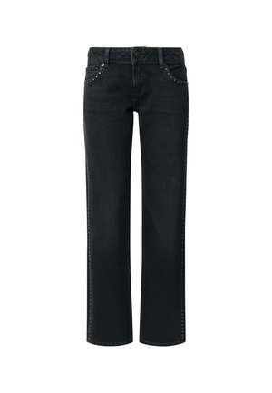 Jeans in denim nero con taglio dritto, accentuati da cuciture decorative e rivetti sulle tasche, dotati di chiusura con bottone e zip.