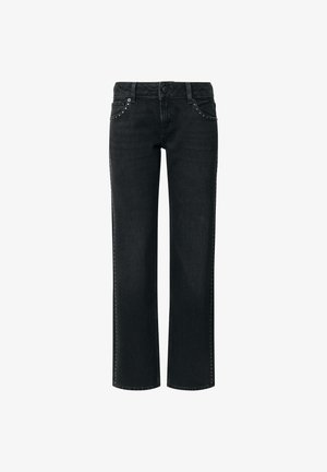 Schwarze Jeans aus Denim mit geradem Bein, akzentuiert durch dekorative Nähte und Nieten an den Taschen, mit einem Knopf- und Reißverschluss.