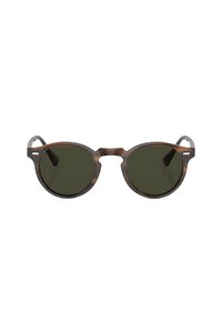 Occhiali da sole tortoiseshell marroni con lenti rotonde. Accenti in metallo sulle aste. Lenti verdi, design minimalista e texture liscia.
