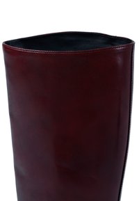 Botte en cuir marron, montante jusqu'au genou, avec une finition lisse, un haut arrondi et un intérieur noir contrastant. Présente des coutures précises le long du bord.