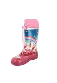 Roze rubberen regenlaars met een kleurrijk ontwerp van een fee en een eenhoorn, een blauwe achtergrond met sterren, en een roze trekkoord aan de bovenkant.