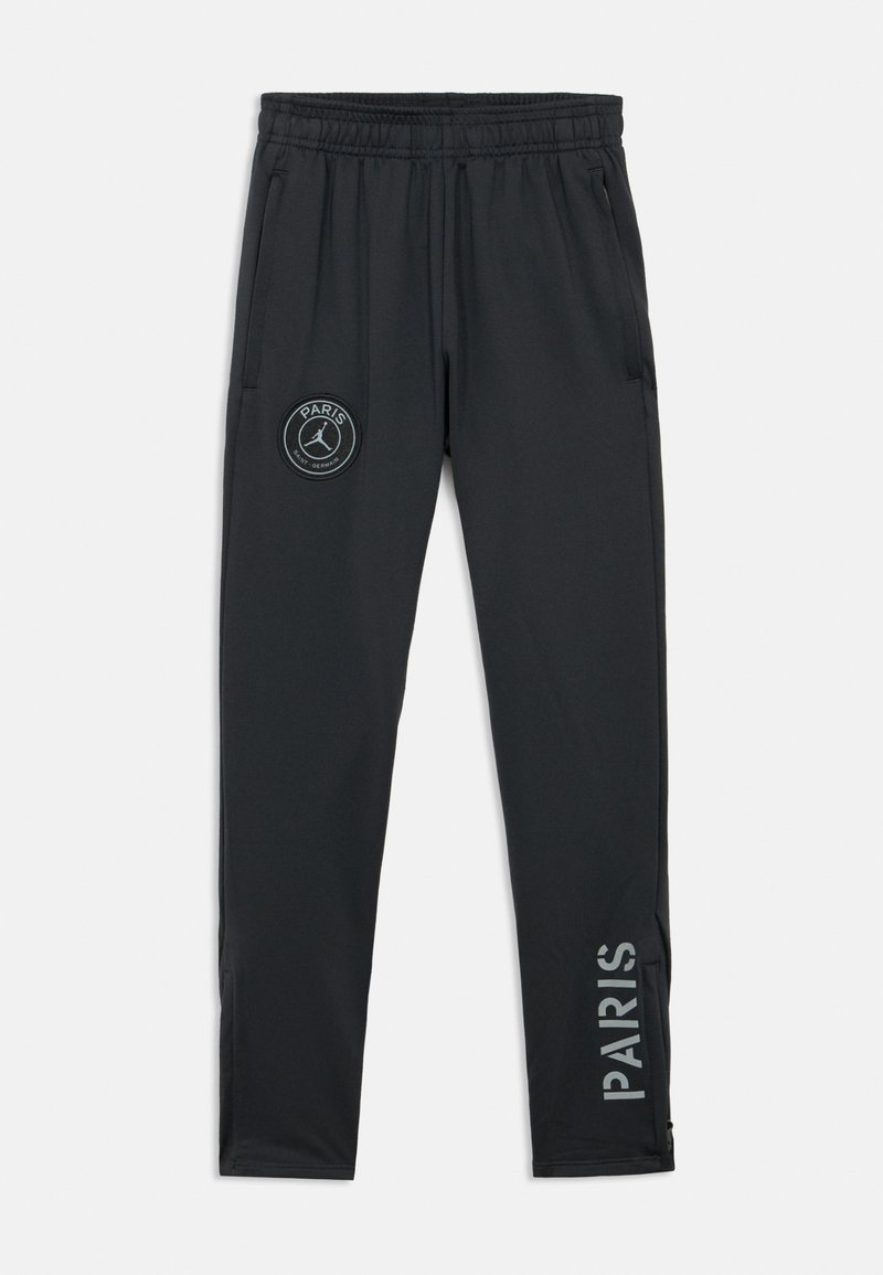 Pantaloni sportivi negri cu talie elastică, buzunare laterale, un logo rotund cu textul „PARIS” și o siluetă, plus text pe lungimea piciorului.