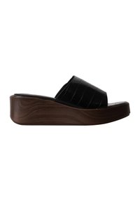 Sandale noire à bout ouvert de type mule avec dessus texturé et semelle plateforme épaisse à motif bois brun.