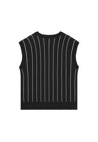 Ermeløs svart strikket vest med vertikale hvite striper, med ribbestruktur og kant. Klassisk, tettsittende fasong, enkelt design.