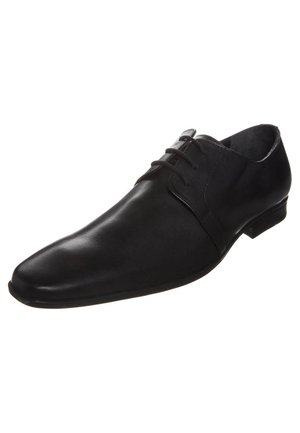 Schwarzer Lederschuh mit spitzer Kappe, Schnürdesign, glatter Textur und niedrigem Absatz. Minimalistischer Stil ohne sichtbare Logos.