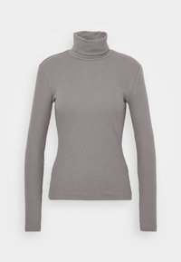 Grauer Longsleeve-Turtleneck aus geripptem Stoff; figurbetontes Design mit hohem Kragen und nahtlosen Bündchen.