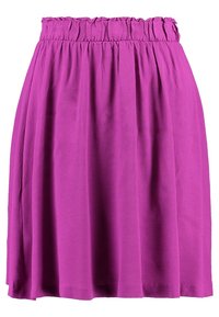 Lila plisserad kjol med elastisk midja, tillverkad av lättviktig tyg, med en mjuk textur och knä-lång längd.