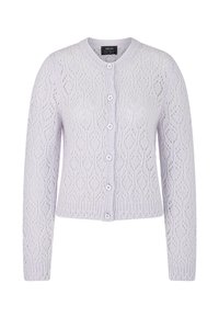 Helles lavendelfarbenes gestricktes Cardigan mit einem Spitzenmuster, rundem Ausschnitt, vorderem Knopfverschluss und langen Ärmeln.