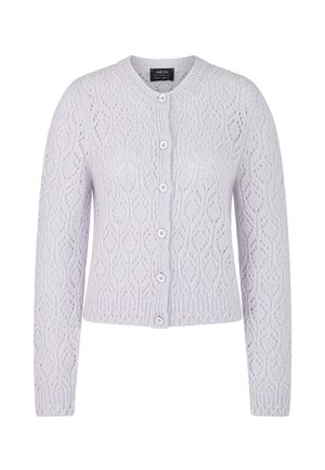 Helles lavendelfarbenes gestricktes Cardigan mit einem Spitzenmuster, rundem Ausschnitt, vorderem Knopfverschluss und langen Ärmeln.