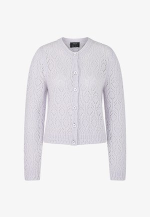 Helles lavendelfarbenes gestricktes Cardigan mit einem Spitzenmuster, rundem Ausschnitt, vorderem Knopfverschluss und langen Ärmeln.