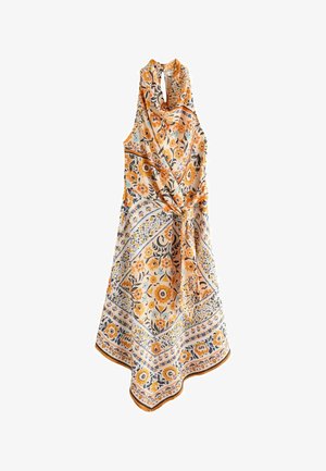 Ærmeløs floral kjole med orange, gul, blå og sorte mønstre, med høj krave, nøglehuludskæring og bindebånd i taljen.