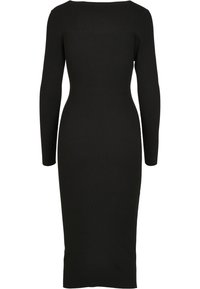 Robe noire à manches longues côtelée, silhouette ajustée, col rond et longueur au genou. Fabriquée en tissu doux et extensible pour le confort.