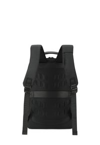 Zaino nero con pannello posteriore imbottito e testurizzato, spallacci regolabili e maniglia superiore. Presenta cerniere lisce e un design snodato.