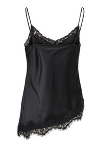 Haut caraco en satin noir avec bretelles réglables, bordure en dentelle le long du décolleté et de l'ourlet, présentant une texture douce et lisse avec une coupe légèrement asymétrique.