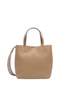 Beżowa skórzana torba typu tote z dwoma krótkimi uchwytami i odpinanym plecionym paskiem. Logo "BIMBA Y LOLA" widoczne z przodu. Gładka faktura.